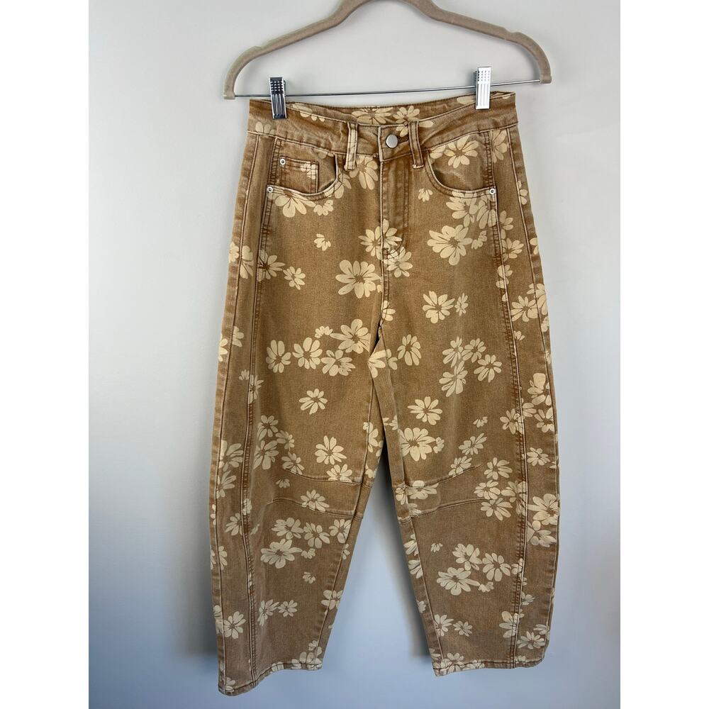Women's ebossy Retro Floral Print Barrel Jeans Mid Rise Small